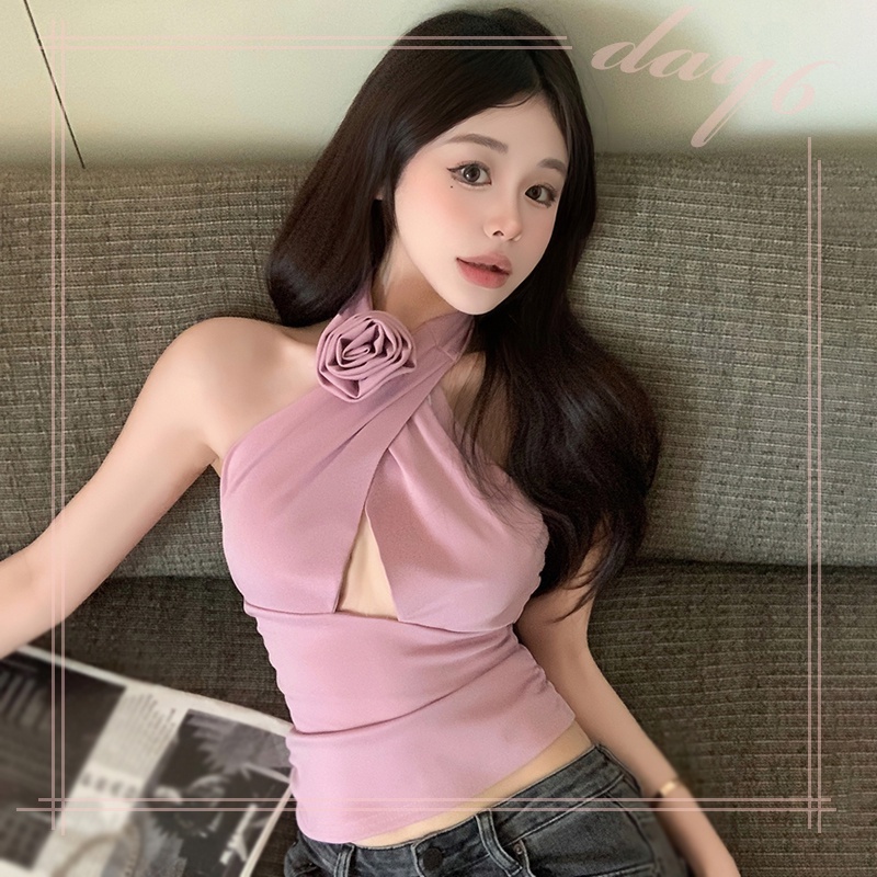 Áo Croptop Sát Nách Hoạ Tiết Hoa Thiết Kế Dây Đan Chéo Quyến Rũ