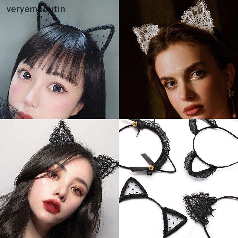 Băng Đô Cài Tóc Hình Tai Mèo Đen Phối Ren Thời Trang Gợi Cảm Cho Nữ