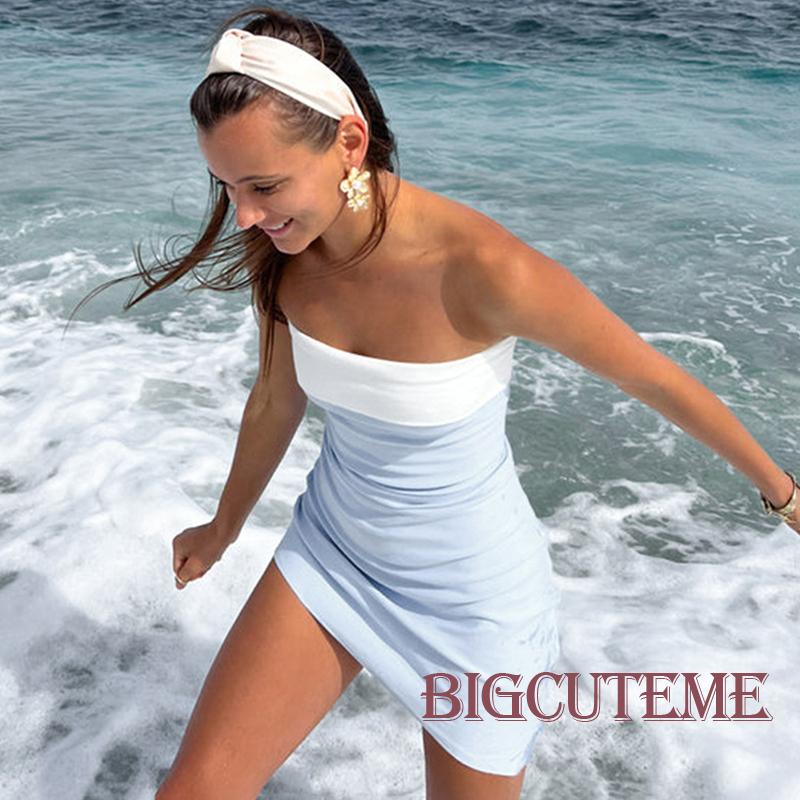 [] - Đầm Mini Ôm Dáng Cổ Thuyền Hở Lưng Không Dây Màu Sắc Tương Phản Thời Trang Mùa Hè Dự Tiệc Cho Nữ