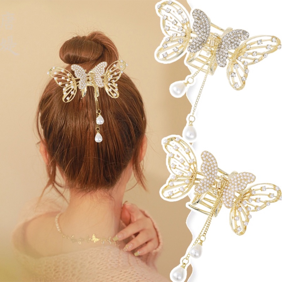 Kẹp Tóc Đuôi Ngựa Hình Bướm Có Đính Đá &amp; Ngọc Trai Giả Bằng Hợp Kim