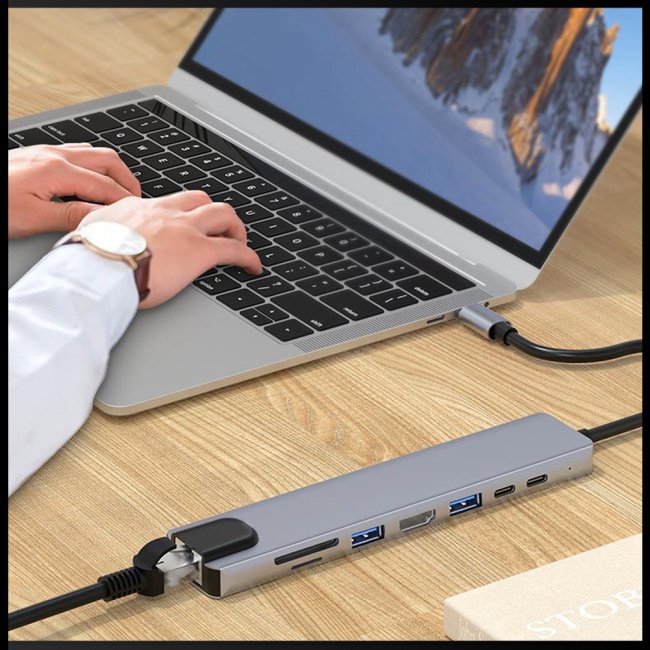 Bộ Chia Cổng Usb Type-c 8 Trong 1 Đa Năng Bằng Hợp Kim Nhôm Cho Notebook
