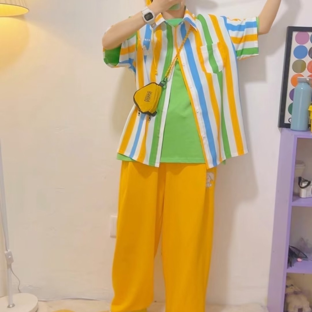 Maolijun Áo Sơ Mi Chiffon Tay Ngắn Kẻ Sọc In Hoa Tươi Tắn Mùa Hè Cho Thanh Thiếu Niên Mỹ