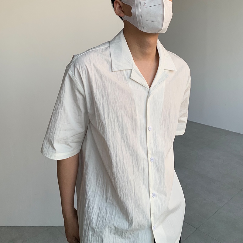 Áo Sơ Mi Mỏng Tay Ngắn Dáng Rộng Cổ Bẻ Xếp Ly Thời Trang Xuân Thu Cao Cấp Cho Nam