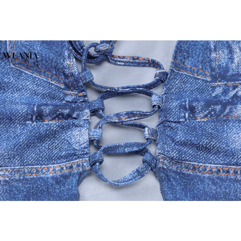 Áo Thun Crop Top Vải Denim In Họa Tiết Lệch Tà Gợi Cảm Cho Bạn Gái