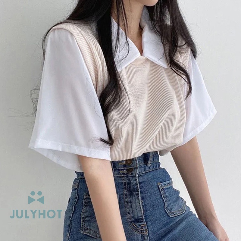 Mùa Hè Mát Mẻ Giả Hai Mảnh Ngắn Tay Áo T-Shirt Preppy Phong Cách Phụ Nữ Ve Áo Lỏng Lẻo Giản Dị T-Shirt VN