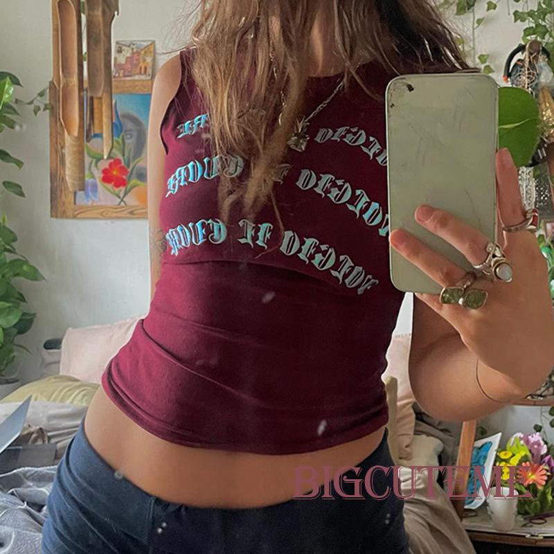 [] Áo Tank Top Không Tay Cổ Thuyền In Chữ Phong Cách Retro Cho Nữ