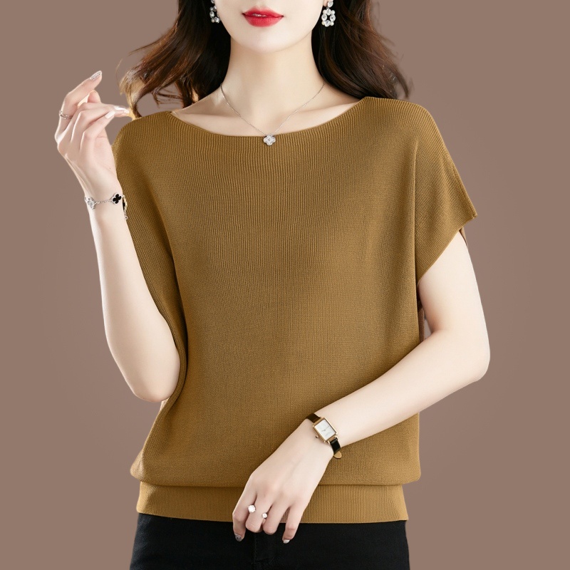 Multiplication top 2023 summer new style t-shirt women short-sleeved mulberry silk new style bat shirt ice silk one-shoulder collar loose q