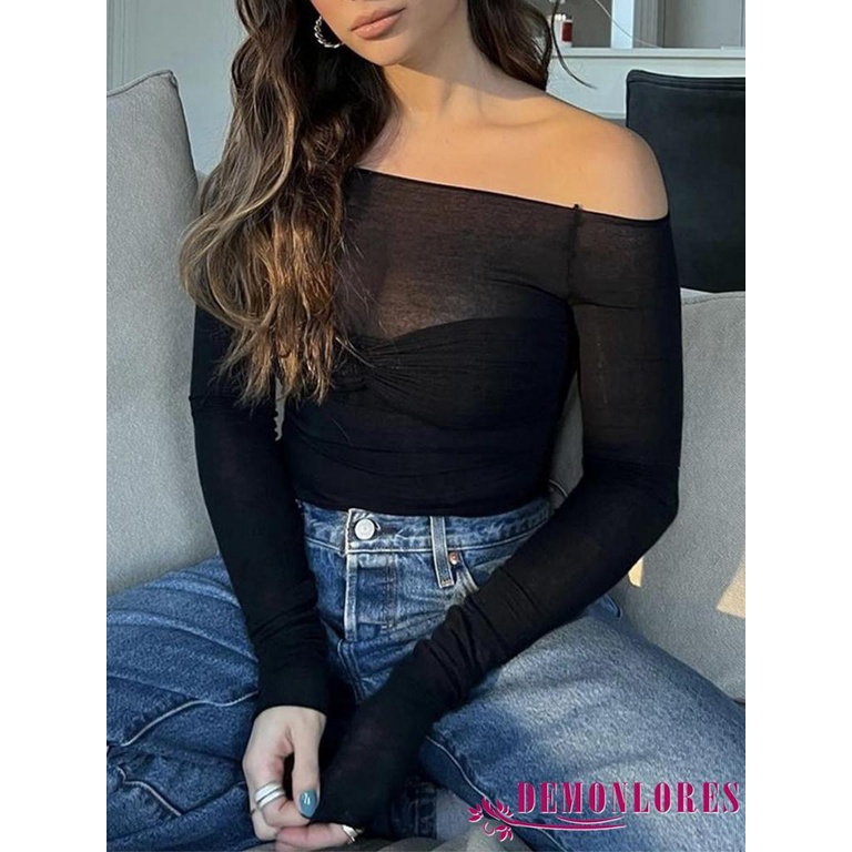 Áo Thun Tay Dài Trễ Vai Phối Lưới Xuyên Thấu Đính Nơ Y2K Phong Cách Đường Phố Quyến Rũ Cho Nữ