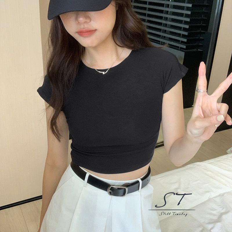 Áo Thun Crop Top Tay Ngắn Cổ Tròn Màu Đen Thời Trang Mùa Hè Cho Nữ CY03