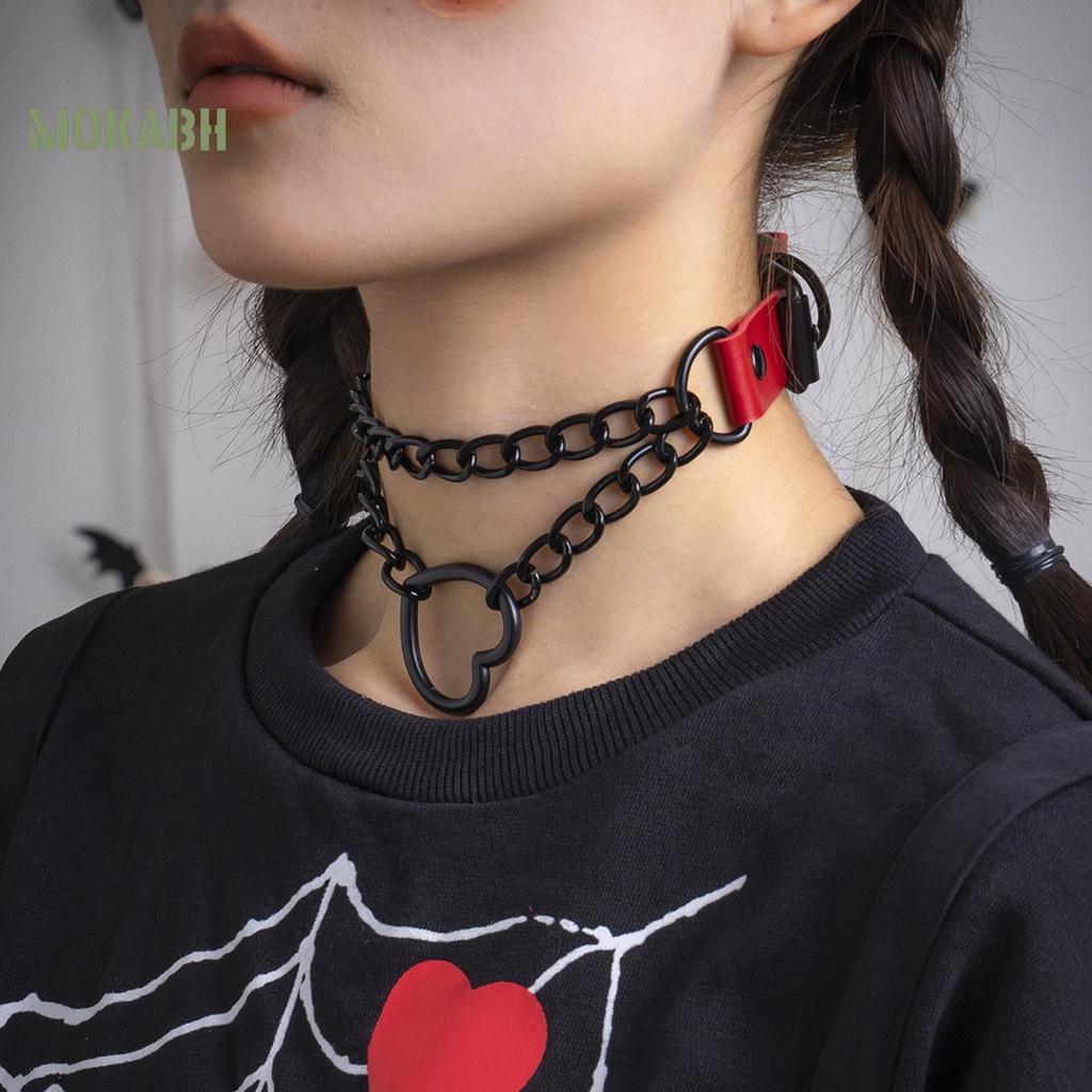 Vòng Cổ Choker Bằng Da Nhân Tạo Hai Lớp Hình Trái Tim Phong Cách Gothic Punk