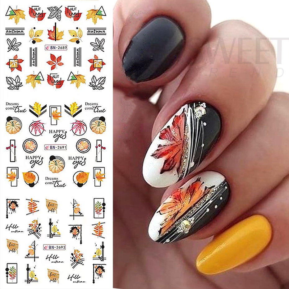 Set 12 Miếng Dán Trang Trí Móng Tay Hình Lá Phong Halloween