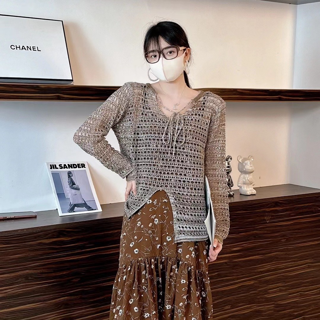 Áo Dệt Kim Tay Dài Cổ Chữ V Dáng Rộng Xẻ Tà Thời Trang Đường Phố Hàn Quốc 2023