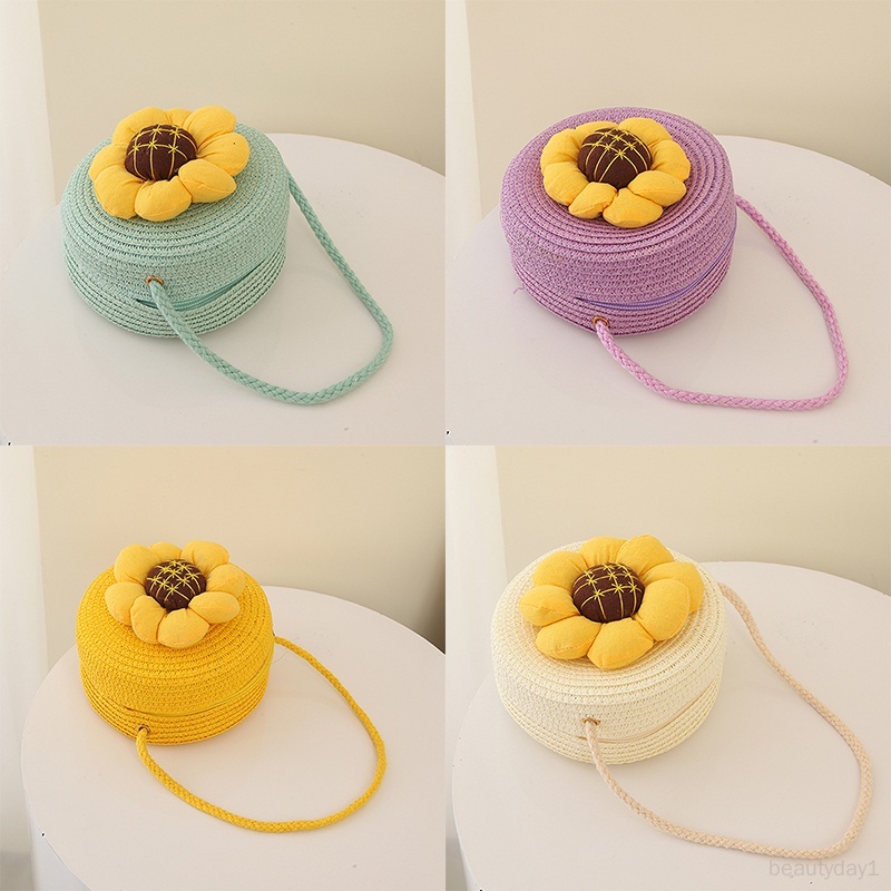 Túi Xách Đan Rơm Một Bên Vai Trọng Lượng Nhẹ Họa Tiết Hoa Thời Trang Đi Biển Mùa Hè Cho Bé Gái