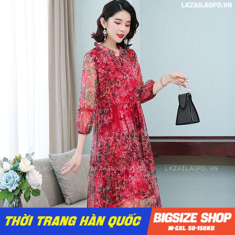 Đầm trung niên Bigsize Váy trung niên cho mẹ voan dáng suông tay ngắn cổ tròn in hình mùa hè Phong cách Hàn Quốc Thời Trang cá tính xinh đẹp cho người mập béo nữ