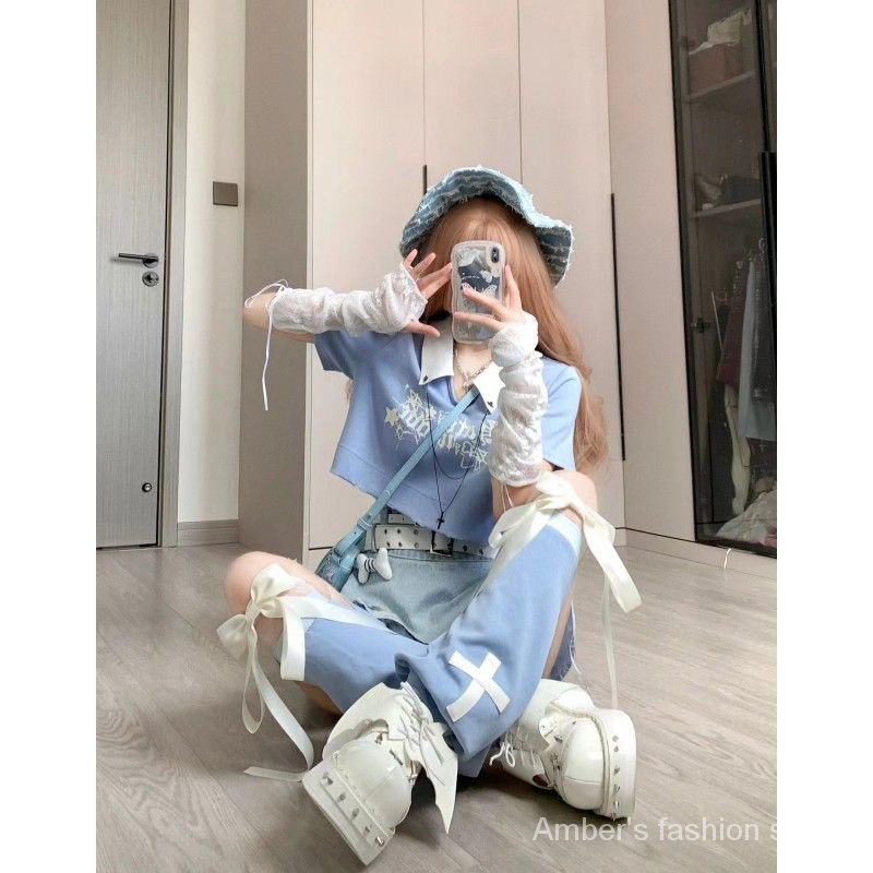Set Áo Thun Ngắn Tay + Chân Váy Denim Lưng Cao Phối Màu Dễ Thương Thời Trang Mùa Hè Cho Bé Gái