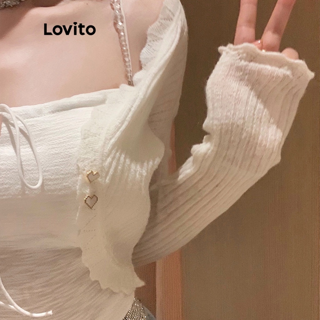 Lovito Áo len dài tay cổ chữ V họa tiết hoa bất đối xứng đơn giản dành cho nữ LNE09038 (Trắng/Xanh lục)