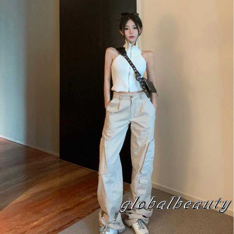 Áo Croptop Dệt Kim Sát Nách Màu Sắc Đơn Giản Phối Khóa Kéo Thời Trang Mùa Hè Cho Nữ