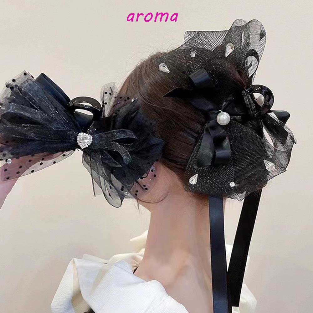 Kẹp Tóc Nơ Tua Rua Bằng Vải Tuyn Màu Đen Thời Trang Mùa Xuân Cho Nữ