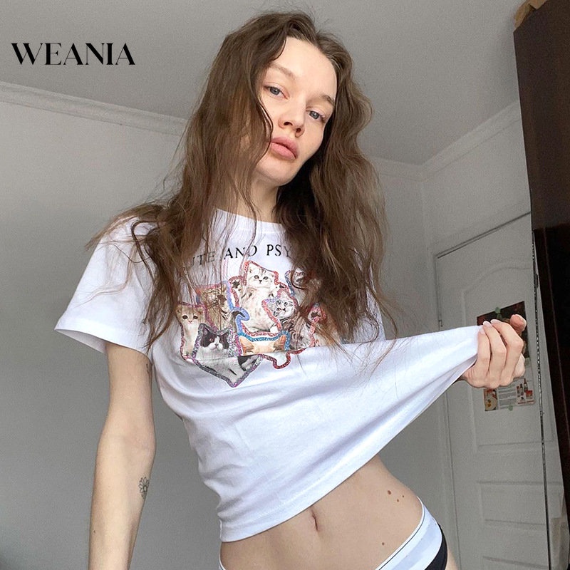 Áo Thun Ngắn Tay Dáng Rộng In Hình Mèo Dễ Thương Cho Nữ