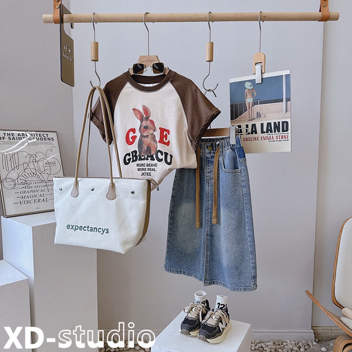 Set Áo Thun Ngắn Tay + Chân Váy Denim Mỏng Thời Trang Mùa Hè Phong Cách Mới Cho Bé Gái