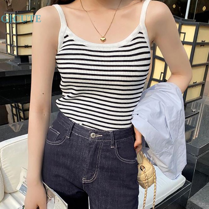 Áo Hai Dây Dệt Kim Mỏng Mùa Hè In Họa Tiết Sọc Cổ Điển Cho Nữ WTD