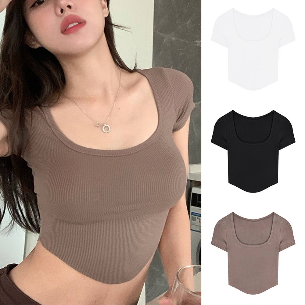 Áo Croptop Tay Ngắn Màu Trơn Thời Trang Hàn Quốc Cho Nữ
