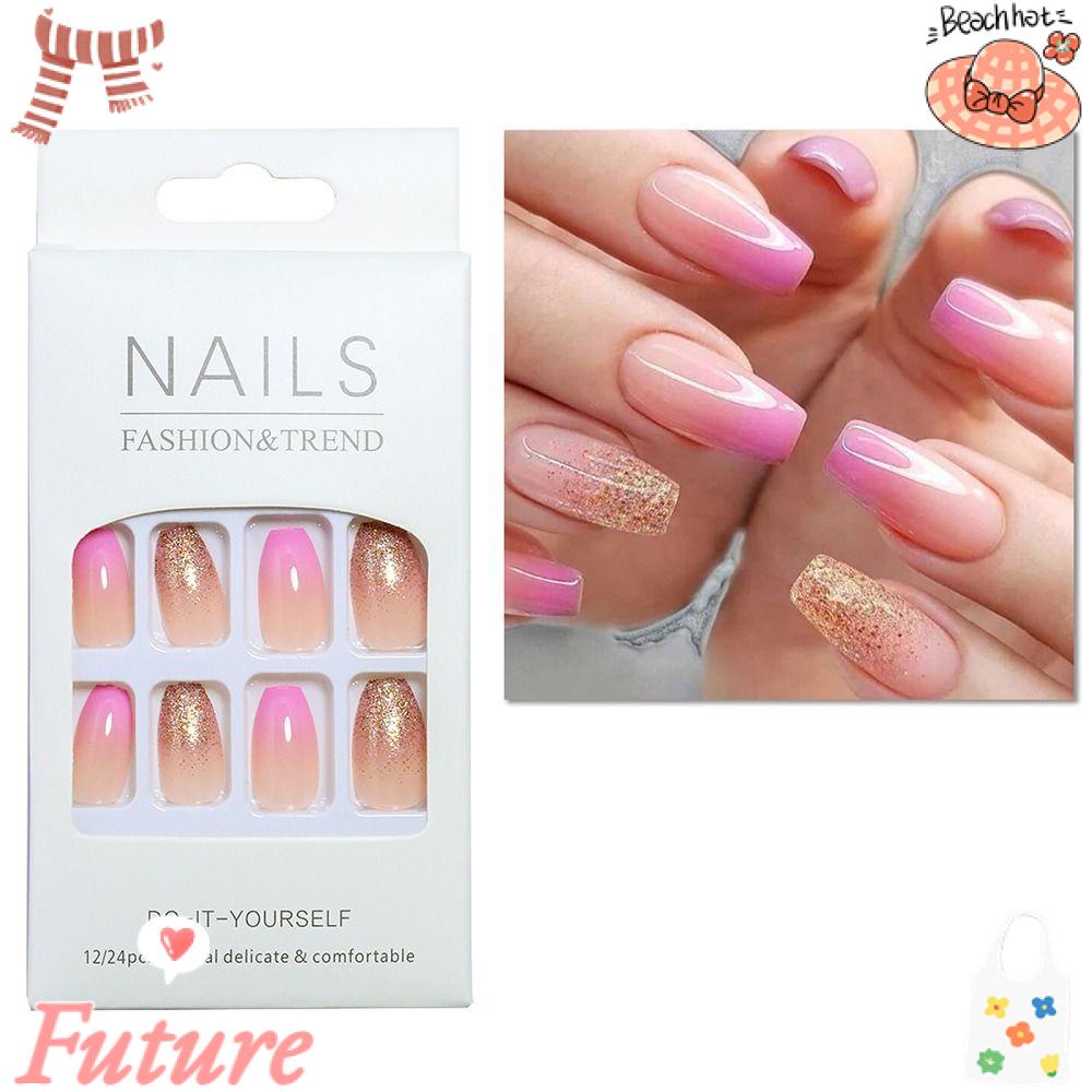 FUTURE Bộ 24 Móng Tay Giả Đầu Vuông Lấp Lánh Màu Hồng Che Phủ Toàn Diện Cho Nữ