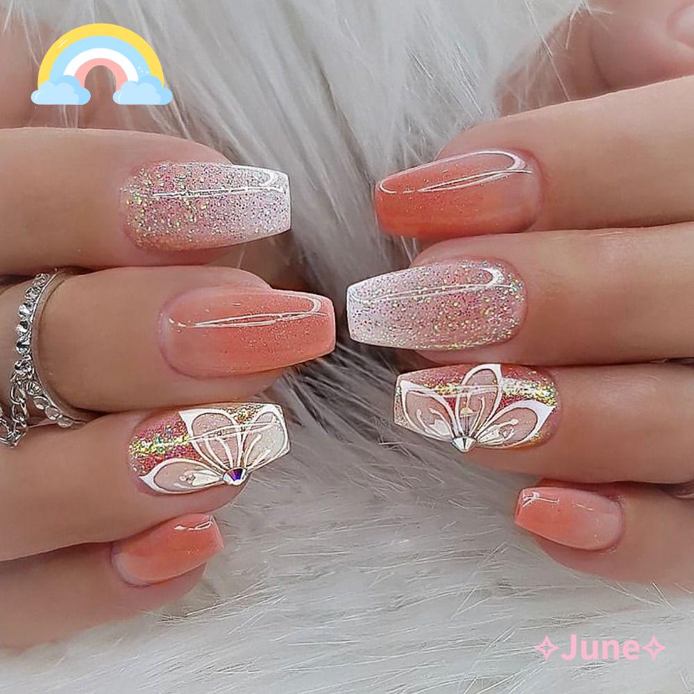 JUNE Móng Tay Giả Đính Đá Màu Hồng Thời Trang Có Thể Tháo Rời Cho Nữ