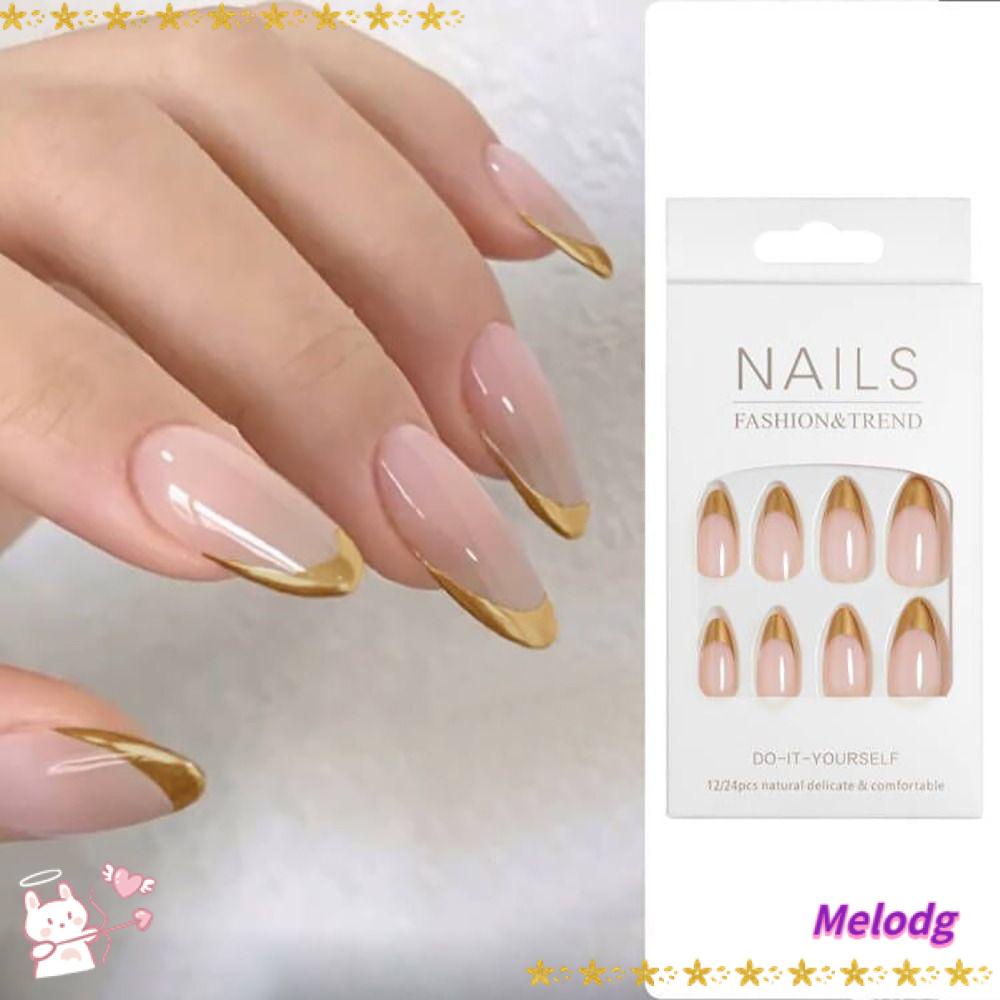 MELODG Hộp 24 Móng Tay Giả Hình Tròn Có Thể Tháo Rời Đính Kim Tuyến Che Phủ Toàn Diện Kiểu Pháp Cho Nữ