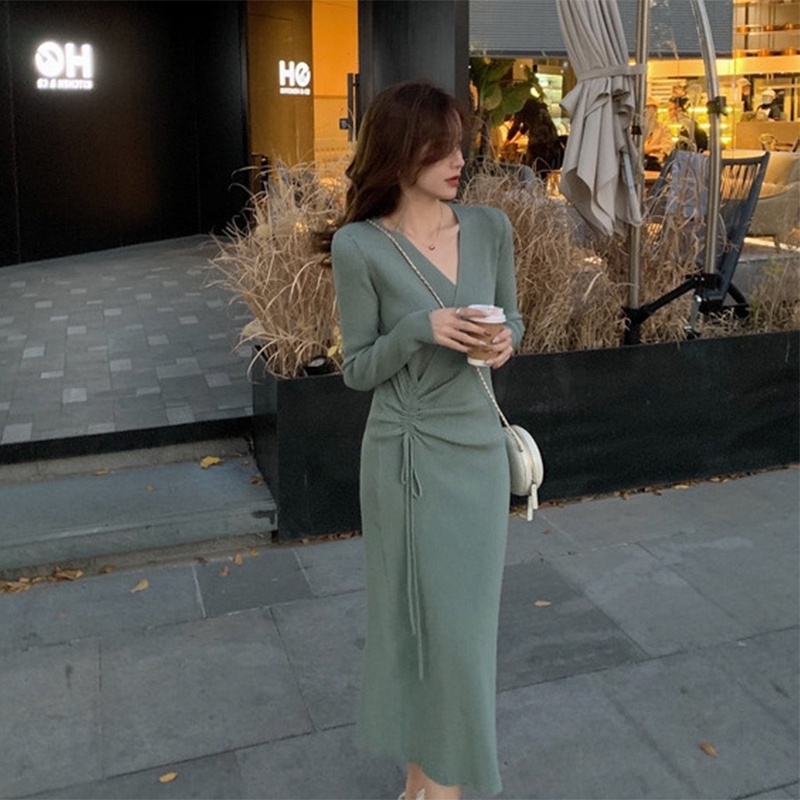 Đầm Dệt Kim Dài Tay Cổ Chữ V Thiết Kế Xẻ Tà Thời Trang Mới Cho Nữ