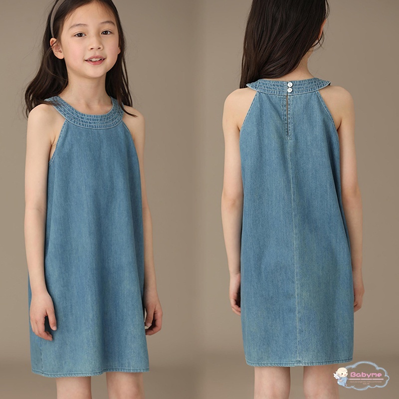 Đầm Denim Không Tay Cổ Tròn Thân Thiện Với Da Thời Trang Mùa Hè Cho Bé Gái