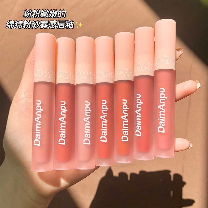 Trang Điểm Daimanpu Pink Little Bear Misty Lip Glaze Dưỡng Ẩm Velvet Matte Lip Gloss Son Môi Trắng Bên Sinh Viên