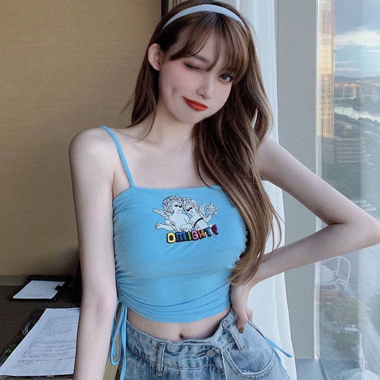 Áo Hai Dây Rút Dây Xếp Ly Ôm Dáng Thêu Họa Tiết Phong Cách Mới Quyến Rũ