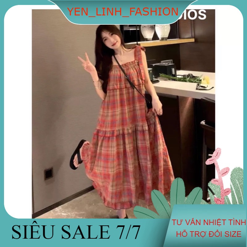 Váy kẻ 2 dây buộc nơ vai bèo tầng siêu xinh