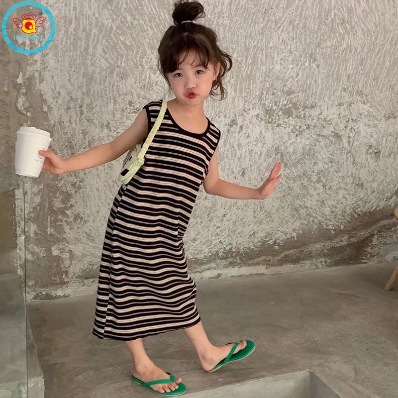 Đầm Dài Không Tay Họa Tiết Kẻ Sọc Phong Cách retro Hàn Quốc Cho Nữ