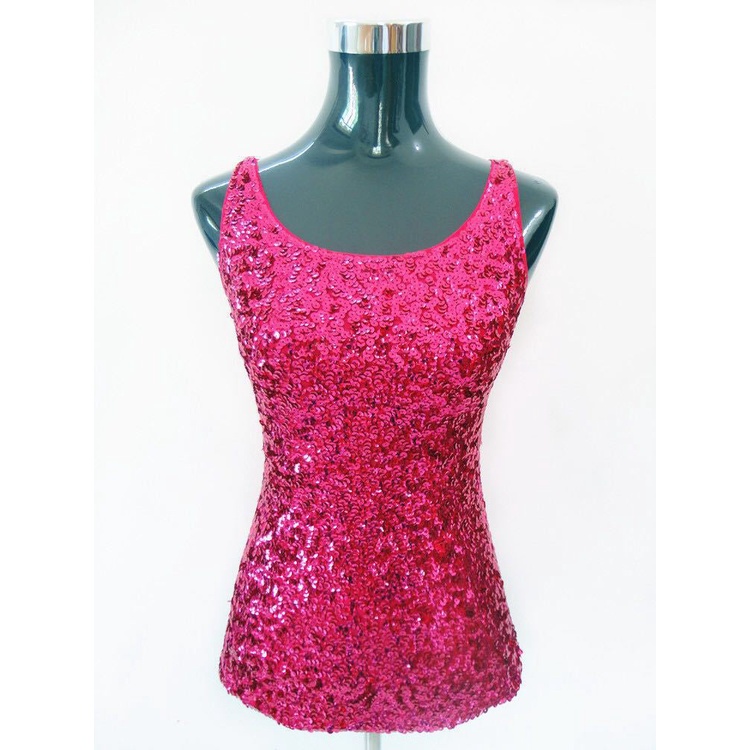 Áo Tank Top Cổ Tròn Dáng Ôm Đính Kim Sa Lấp Lánh Cá Tính Cho Nữ
