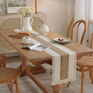 Khăn trải bàn vải cotton lanh hai màu phối tua rua trang trí bàn ăn / tủ tv