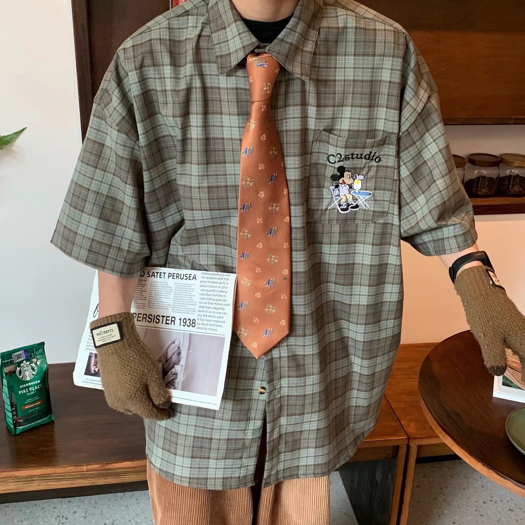 Áo Sơ Mi Tay Dài Dáng Rộng Họa Tiết Kẻ Sọc Màu Xanh Lá Phong Cách Hàn Quốc Thời Trang Mùa Hè Cho Nam