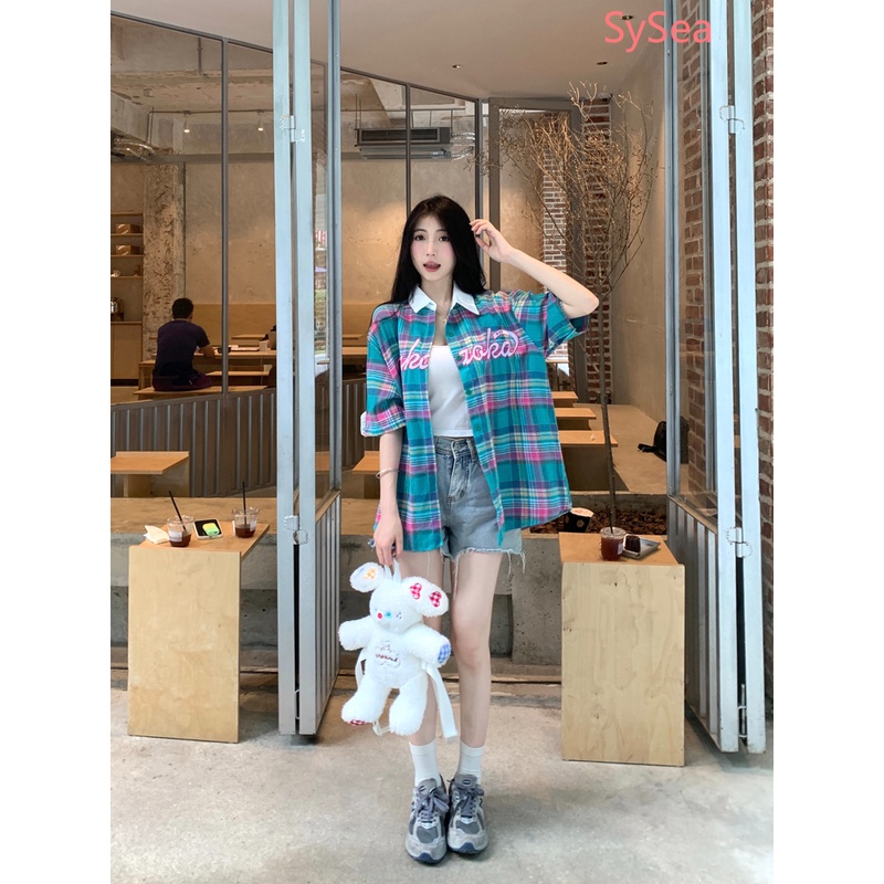 Áo Sơ Mi Ngắn Tay Dáng Rộng Hoa Văn Kẻ Ô Phong Cách Retro Dành Cho Nữ