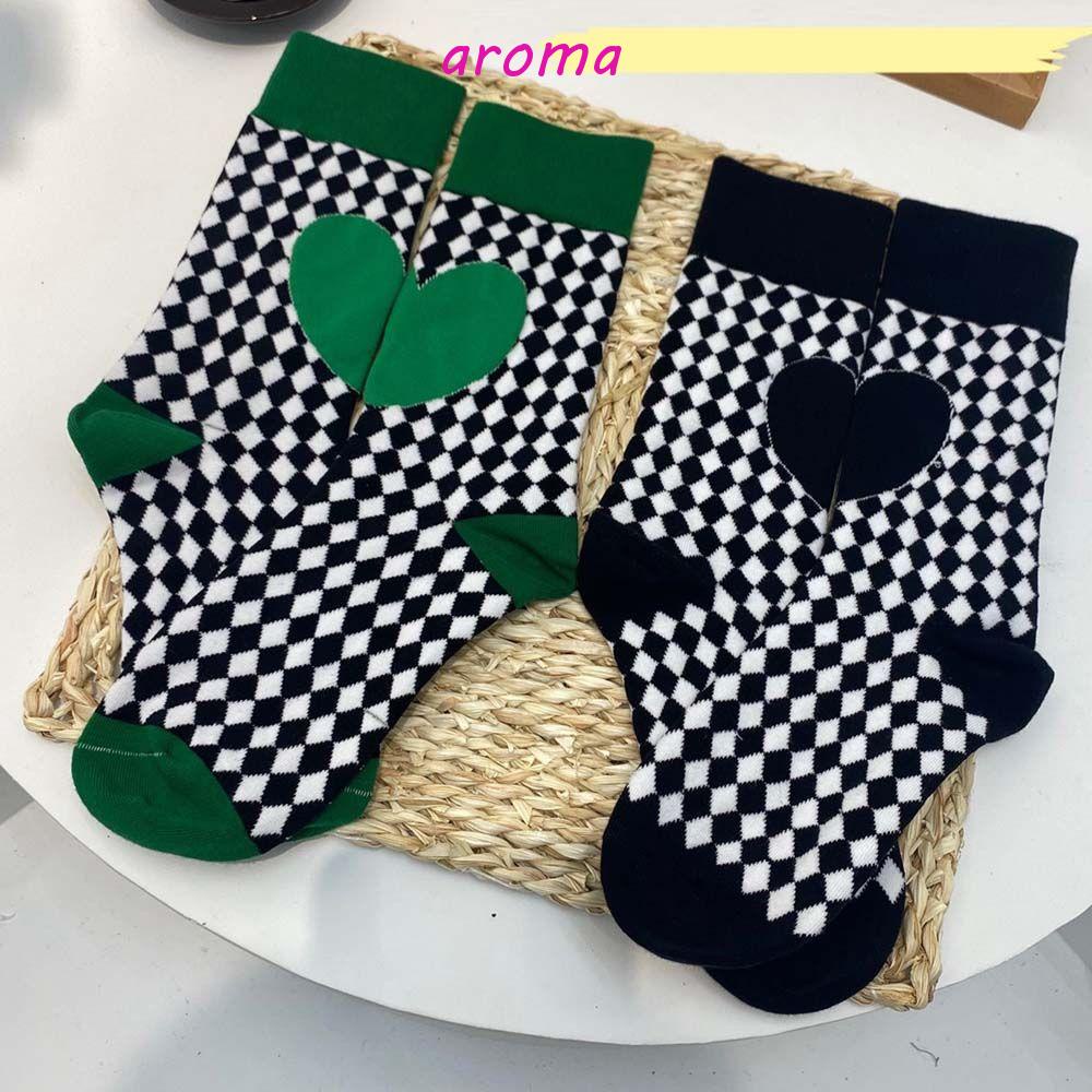 AROMA Đôi Vớ Thoáng Khí Thoải Mái Họa Tiết Kẻ Ô Vuông / Trái Tim Thời Trang Đường