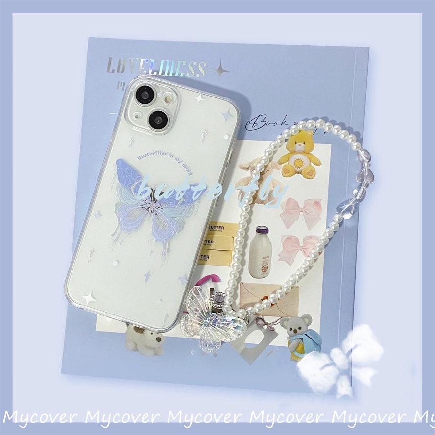 Ốp Điện Thoại Silicon Mềm Chống Sốc Hình Bướm Gắn Dây Đeo Chuỗi Hạt Cho iPhone 11 12 13 14 Pro Max X Xr Xs 8 7 6 Plus SE 2020