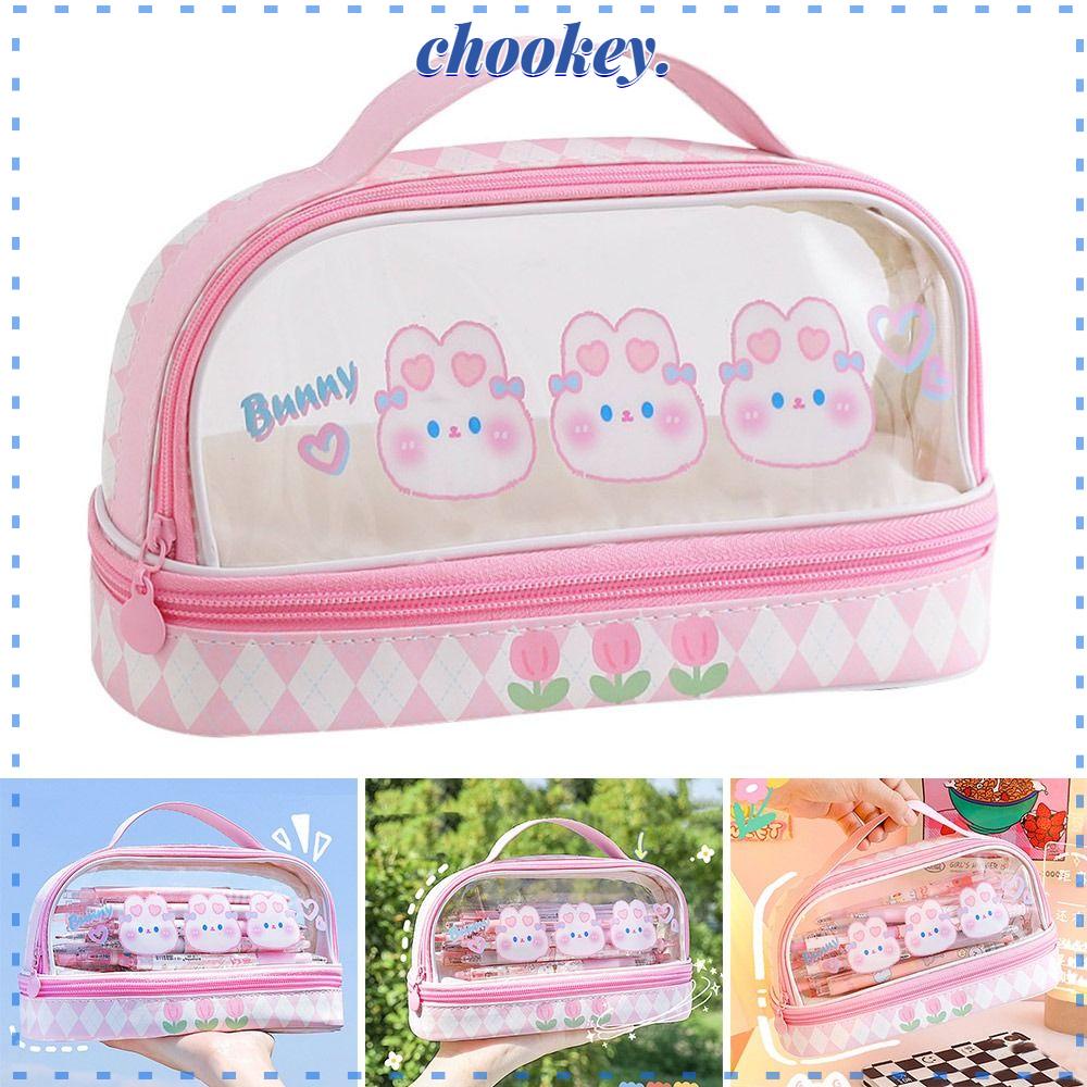 CHOOKEY Túi Đựng Bút Hai Lớp Trong Suốt Họa Tiết Thỏ / Gấu Hoạt Hình Dễ Thương