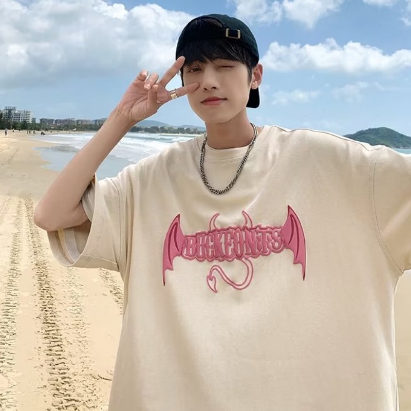 Áo Thun Tay Ngắn Dáng Rộng In Hình Cánh Quỷ Thời Trang Mùa Hè Cho Nam