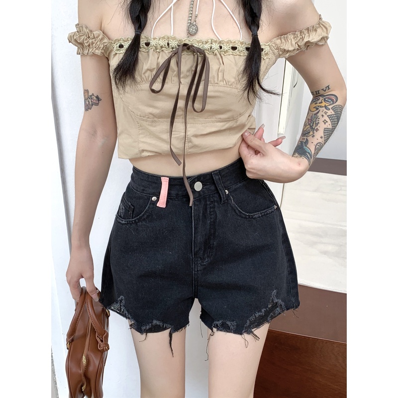 Quần Short Denim Dáng Chữ a Lưng Cao Thêu Họa Tiết Ngọt Ngào