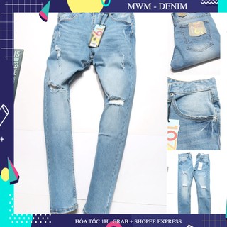 Hình đúng màu - quần jean nam rách gối xanh nhạt - slimfit - jean co giãn đẹp đơn giản - qjzr30 - - freeship