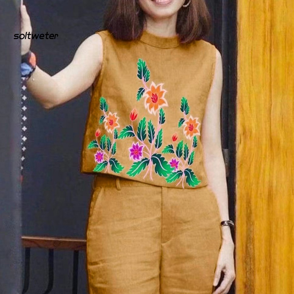 Bộ Trang Phục 2 Mảnh Gồm Áo Không Tay Cổ Tròn Và Quần Dài Lưng Thun In Họa Tiết Hoa Dáng Rộng Thời Trang Cho Nữ