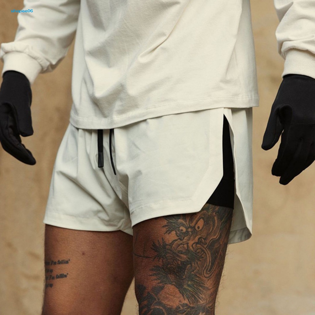 Quần Short Thể Thao Nam PEMG Lưng Thun Co Giãn Màu Trơn Hai Lớp Xẻ Tà Thấm Hút Mồ Hôi Dài Trên Đầu Gối