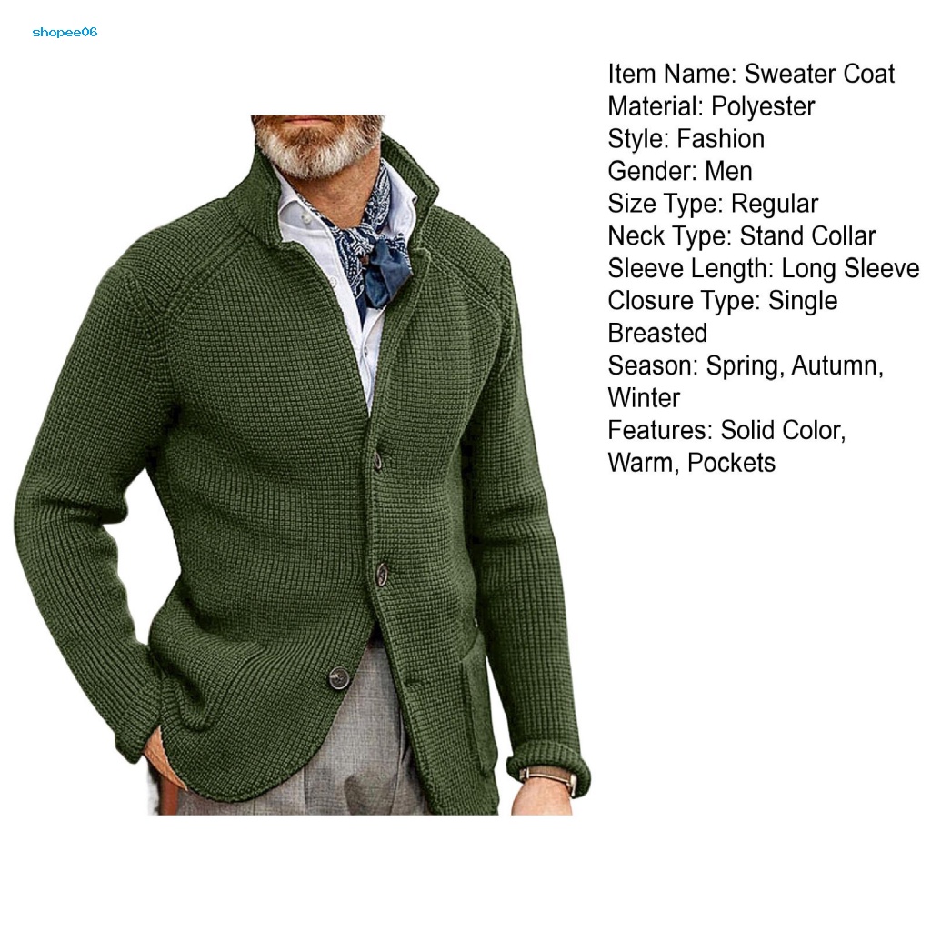 Áo Khoác Dệt Kim Tay Dài Cổ Đứng Dày Dặn Màu Trơn Cài Nút Thời Trang Thu Đông Cho Nam
