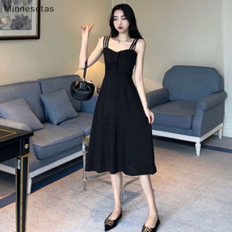 Đầm Hai Dây Dáng Chữ a Màu Trơn Hở Lưng Thời Trang Mùa Hè Hàn Quốc Quyến Rũ Cho Nữ