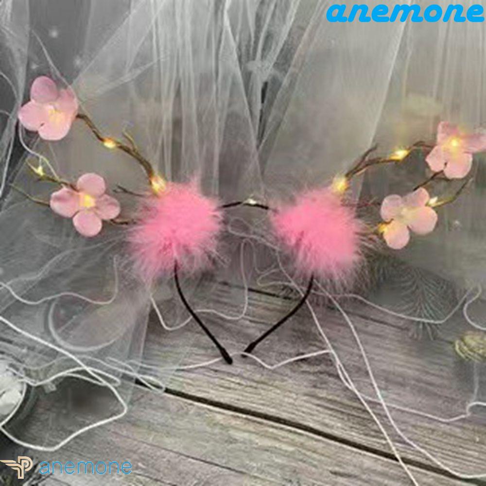 ANEMONE Băng Đô Cài Tóc Hình Sừng Tuần Lộc Hoạt Hình Có Đèn LED Phát Sáng Vui Nhộn Dành Cho Bạn Nữ